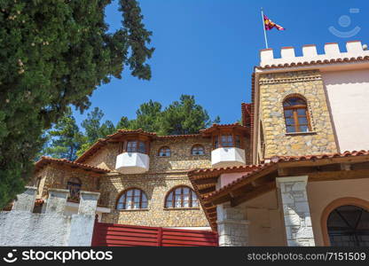 View of the Orthodox monastery Moni Agiou Ioanni Theologou, Greece. In the village of Vagia, near Thebes, is the post-Byzantine monastery of Saint John Theologos, also known as Mazaraki.. View of the Orthodox monastery Moni Agiou Ioanni Theologou