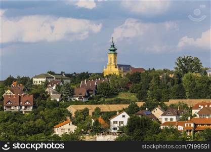 View of the outskirts of the town of Veszprem from the castle hill, the Catholic Church. Veszprem. Hungary
