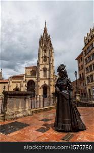 View of the Oviedo Cathedral and Regenta statue , Asturias, Spain. Oviedo Cathedral in Asturias, Spain