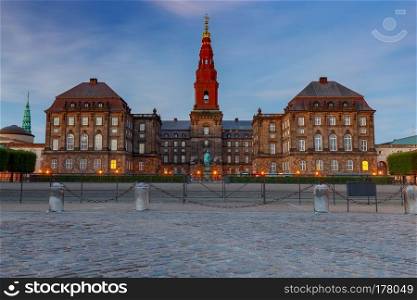 View of the parliament building at sunset. Christiansborg. Denmark. Copenhagen. Copenhagen. Houses of Parliament. Christiansborg.