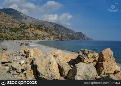 View of the pebble beach of Paleochora . View of the pebble beach of Paleochora in the sud west of the island of Crete in Greece