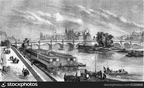 View of the Pont Neuf restored, vintage engraved illustration. Magasin Pittoresque 1857.
