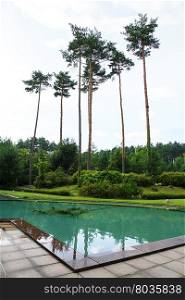 View of the pool with a backdrop of trees and sky.