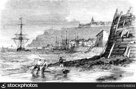 View of the port of Granville, department of Manche, vintage engraved illustration. Magasin Pittoresque 1844.