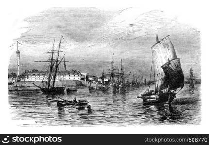 View of the port of Lorient in Brittany, department of Morbihan, vintage engraved illustration. Magasin Pittoresque 1843.