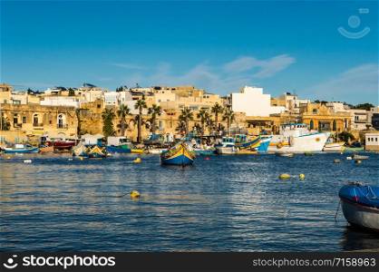 view of the port of Marsaxlokk city on the island of malta
