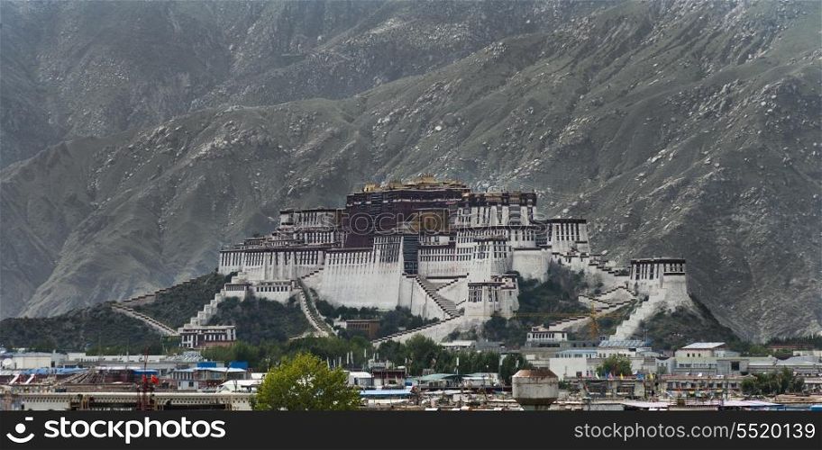 View of the Potala Palace in front of mountains, Lhasa, Tibet, China