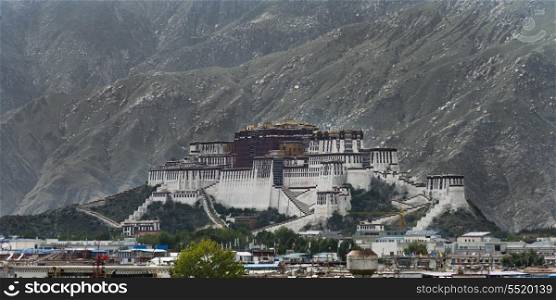 View of the Potala Palace in front of mountains, Lhasa, Tibet, China