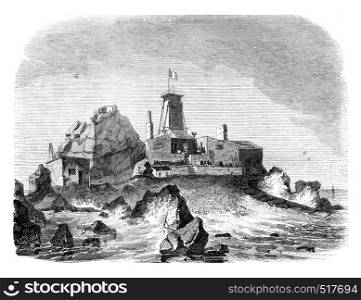 View of the provisional lighthouse and dwelling on the rock of Heaux, upon the high seas, vintage engraved illustration. Magasin Pittoresque 1845.