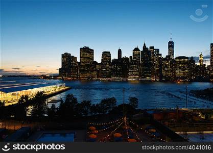 View of the river and lower Manhattan at dusk, New York, USA