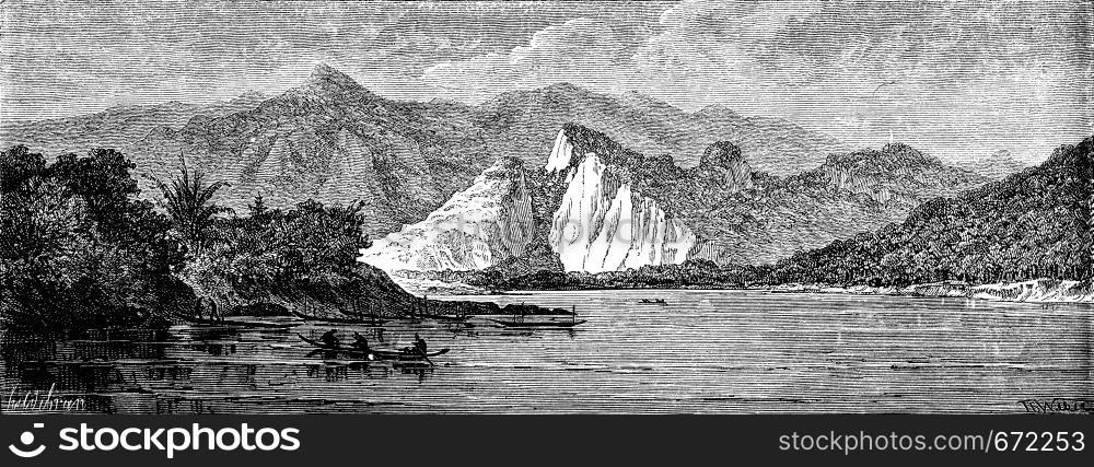 View of the river before reaching the Nam Hou, vintage engraved illustration. Le Tour du Monde, Travel Journal, (1872).