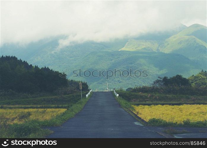 View of the road to the mountains, In the countryside of Japan