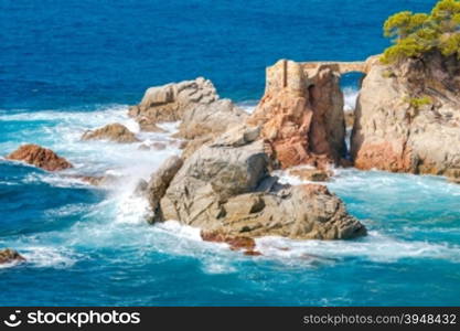 View of the rocky coast of the Costa Brava near Lloret de Mar resort.. Lloret de Mar. The coastline of Costa Brava.