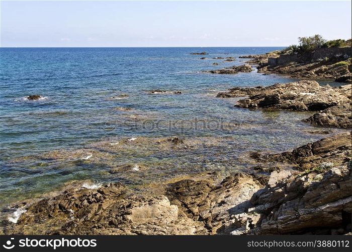 View of the rocky coast of the French Riviera near St Tropez, France