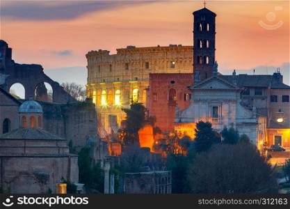 View of the Roman Forum at sunset. Rome. Italy.. Rome. Roman Forum at sunset.