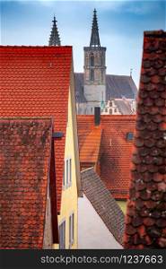 View of the roofs and medieval buildings in the historic city. Rothenburg ob der Tauber. Bavaria Germany.. Rothenburg ob der Tauber. Old famous medieval city.