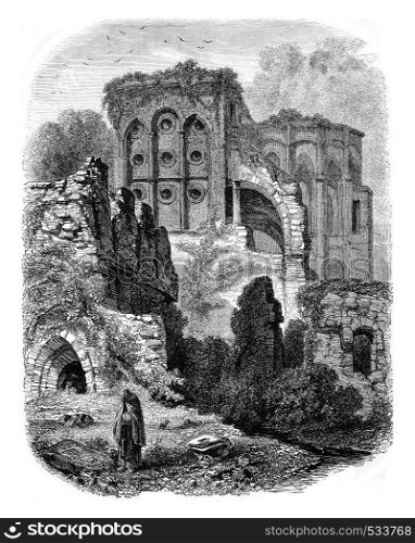 View of the ruins of the Abbey of Villers, vintage engraved illustration. Magasin Pittoresque 1853.