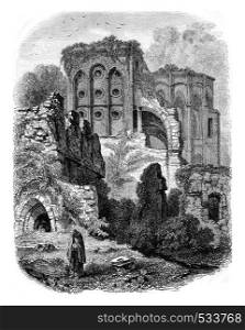 View of the ruins of the Abbey of Villers, vintage engraved illustration. Magasin Pittoresque 1853.