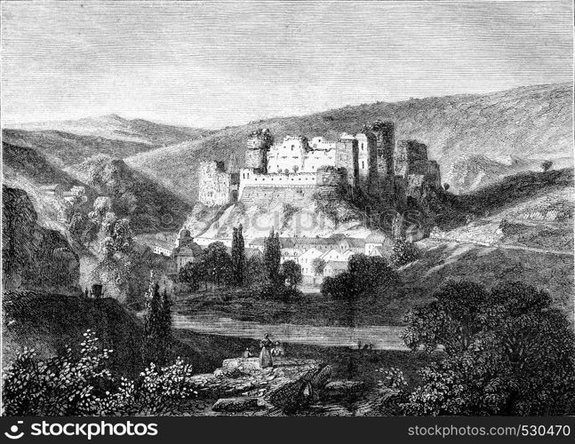 View of the ruins of the Rock on the Ourthe, vintage engraved illustration. Magasin Pittoresque 1852.