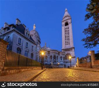 View of the Sacre Coeur cathedral on the Montmartre hill in the early morning. Paris. France.. Paris. Sacre Coeur in the early morning.