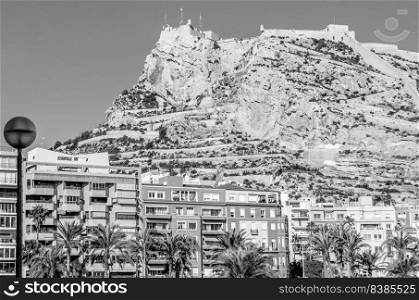 View of the Santa Barbara castle in Alicante, Spain  black and white image