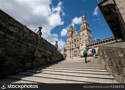 View of the Santiago de Compostela cathedral from Obradoiro square. Pilgrimage destiny