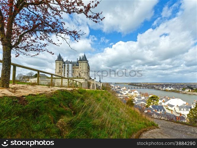 View of the Saumur castle on the banks of the Loire River, France. Constructed in the 10th century, was rebuilt in the later 12th century.