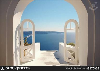 View of the sea from the house through the arch, Santorini island, Greece. Generative AI