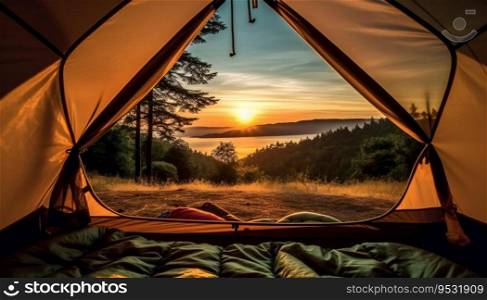 View of the serene landscape from inside a tent