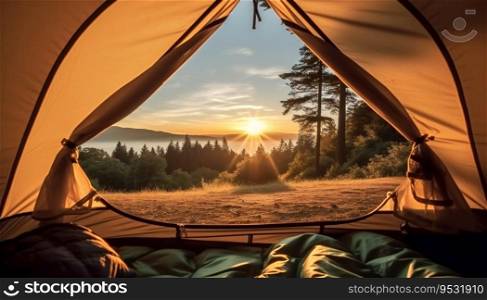 View of the serene landscape from inside a tent