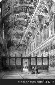 View of the Sistine Chapel, and after a drawing by Francois Pannini, retains the Louvre, vintage engraved illustration. Magasin Pittoresque 1858.