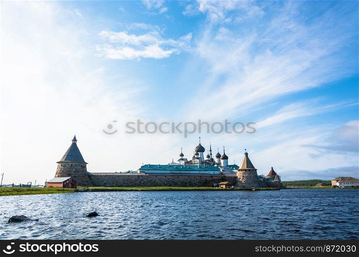 View of the Spaso-Preobrazhensky Solovetsky monastery from the lake, Arkhangelsk oblast, Russia.