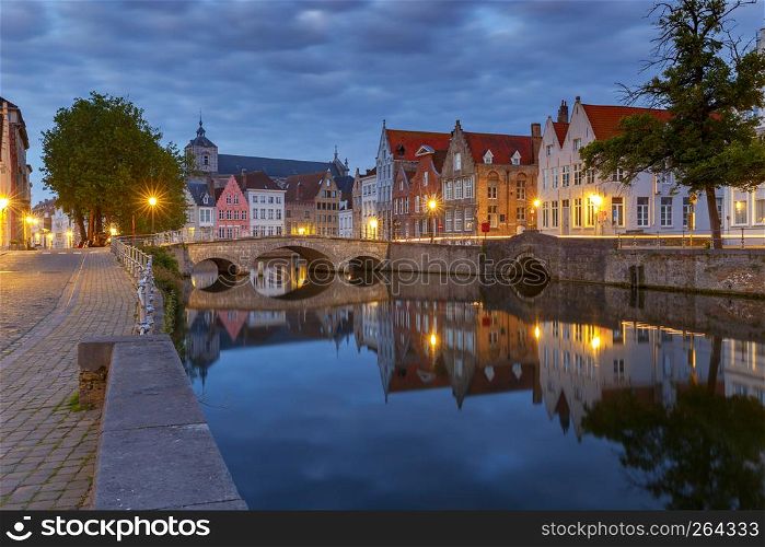 View of the Spiegel Rey canal and facades of old medieval houses. Brugge. Belgium.. Bruges. Canal Spiegel Rei.
