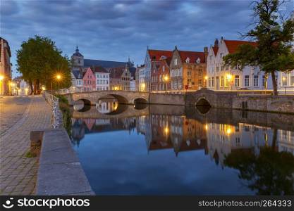 View of the Spiegel Rey canal and facades of old medieval houses. Brugge. Belgium.. Bruges. Canal Spiegel Rei.