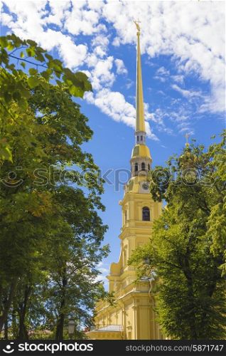 View of the spire of Peter and Paul cathedral in Peter and Paul fortress.St. Petersburg, Russia
