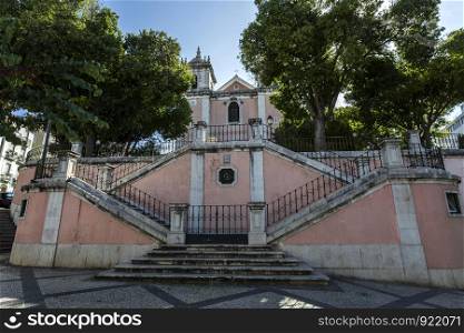 View of the staircase and facade of the Church of Santos-o-Velho in downtown Lisbon, Portugal