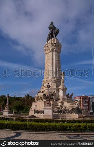 View of the Statue of Marques de Pombal in Lisbon, located in the center of town in the top of Av da Liberdade, is one of the exlibris of the city