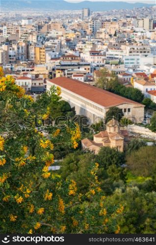 View of the Stoa of Attalos from the hill of the Acropolis, Athens, Greece.