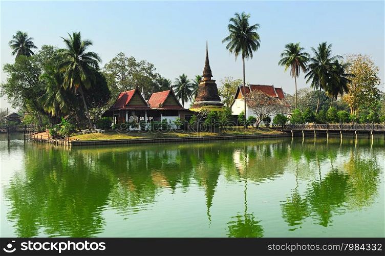 View of The Sukhothai Historical Park ancient ruins Thailand