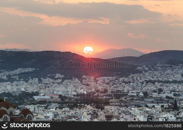 view of the sunset over Athens, Greece