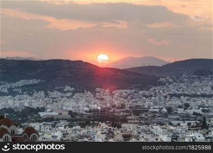 view of the sunset over Athens, Greece
