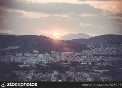 view of the sunset over Athens, Greece