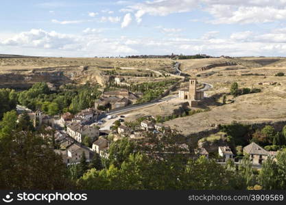 View of the Templar Church of Vera Cruz seen from the El Alcazar castle-palace in Segovia, Spain