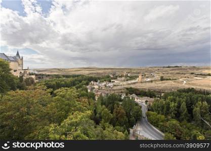 View of the Templar Church of Vera Cruz seen from the El Alcazar castle-palace in Segovia, Spain