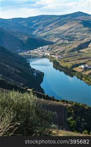 View of the terraced vineyards in the Douro Valley and river near the village of Pinhao, Portugal. Concept for travel in Portugal and most beautiful places in Portugal.