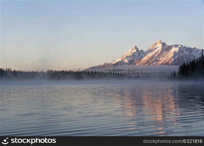 View of the Teton mountain range from Colter Bay in Grand Teton National Park, Wyoming