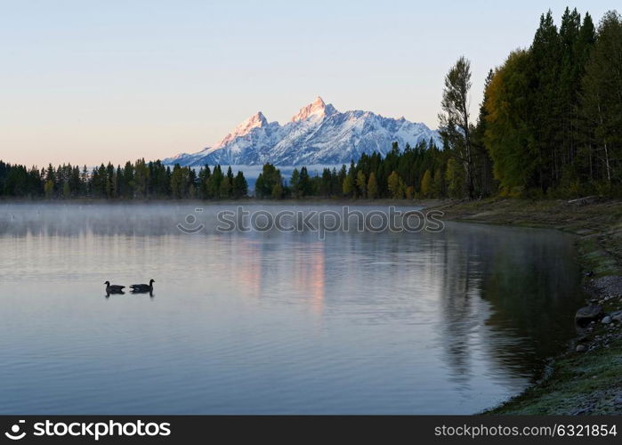 View of the Teton mountain range from Colter Bay in Grand Teton National Park, Wyoming