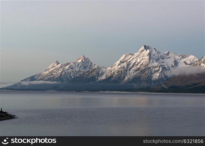 View of the Teton mountain range from Colter Bay in Grand Teton National Park, Wyoming