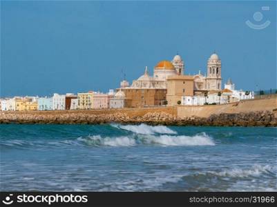 View of the towers and dome of the cathedral on a sunny day. Cadiz. Spain.