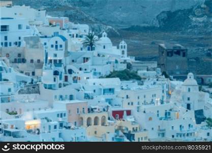 View of the town Fira in the night light. Santorini.